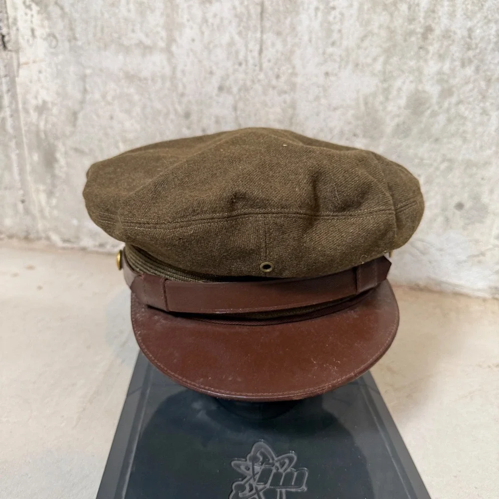 Vintage 1947 US Army Service Cap Frame Wool Olive Drab Leather Visor Size 7-1/8